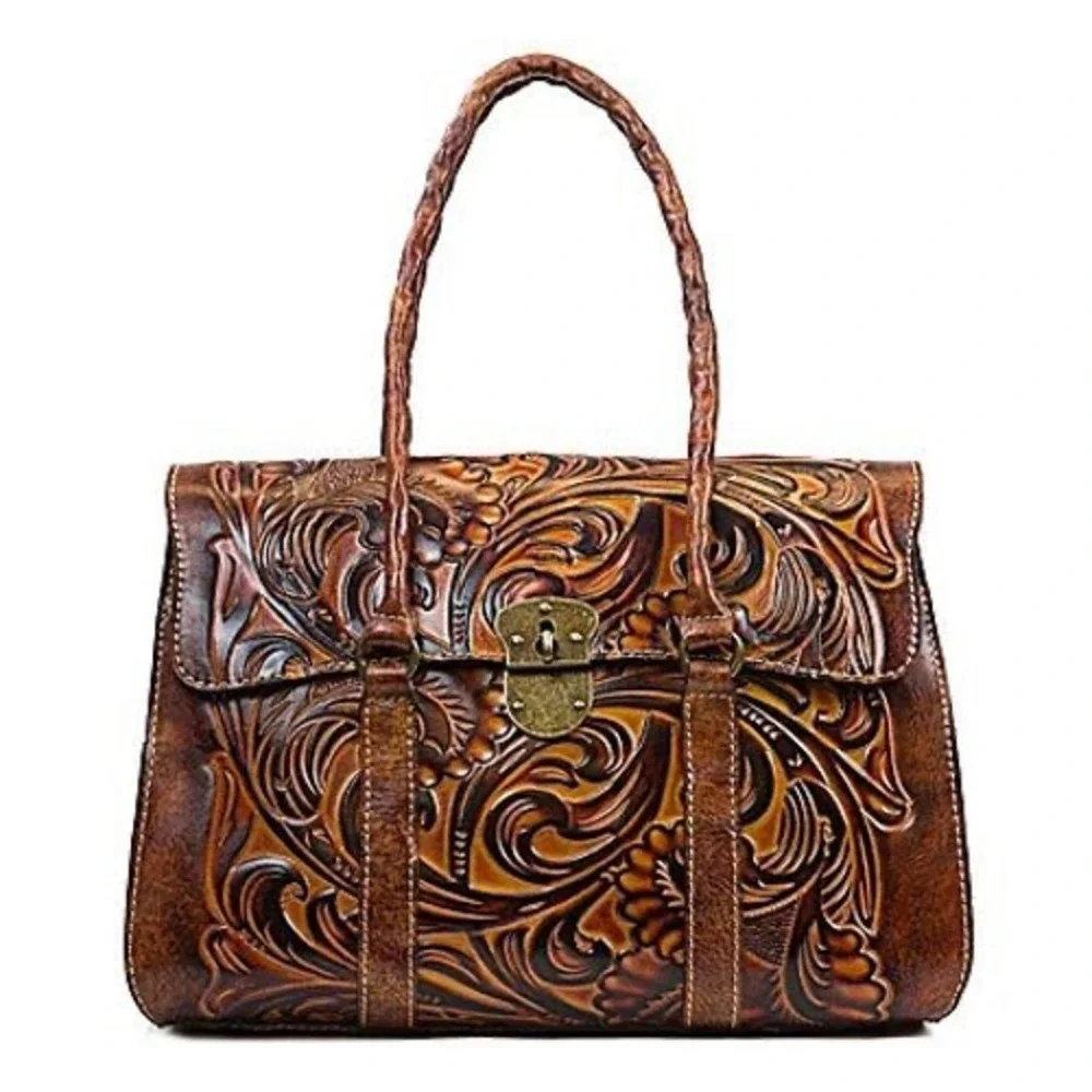 $300 Patricia Nash Vienna Satchel Tuscan Tan Hand Tooled Leather Floral Handbag